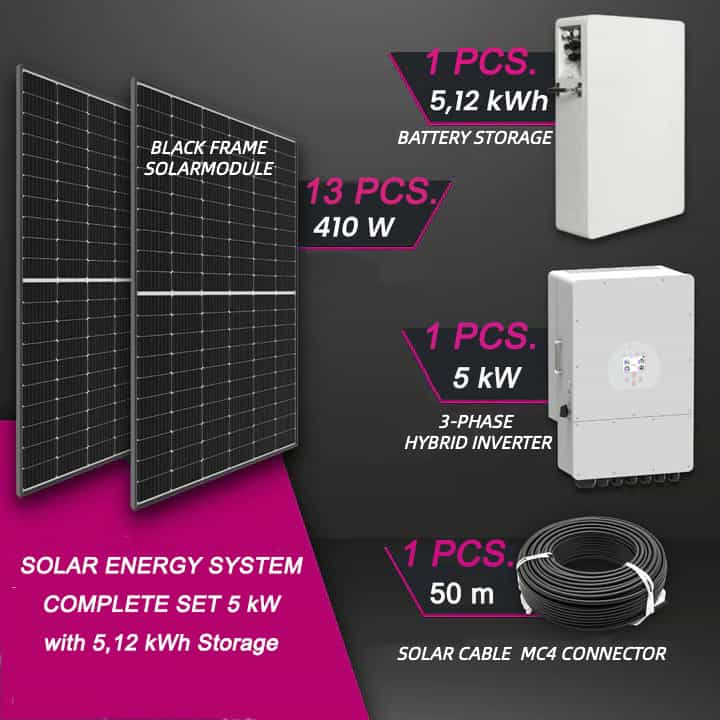Hybrid 5 kWh Solar Kit, solar energy system, complete set 5kW with 5,12 kWh battery storage