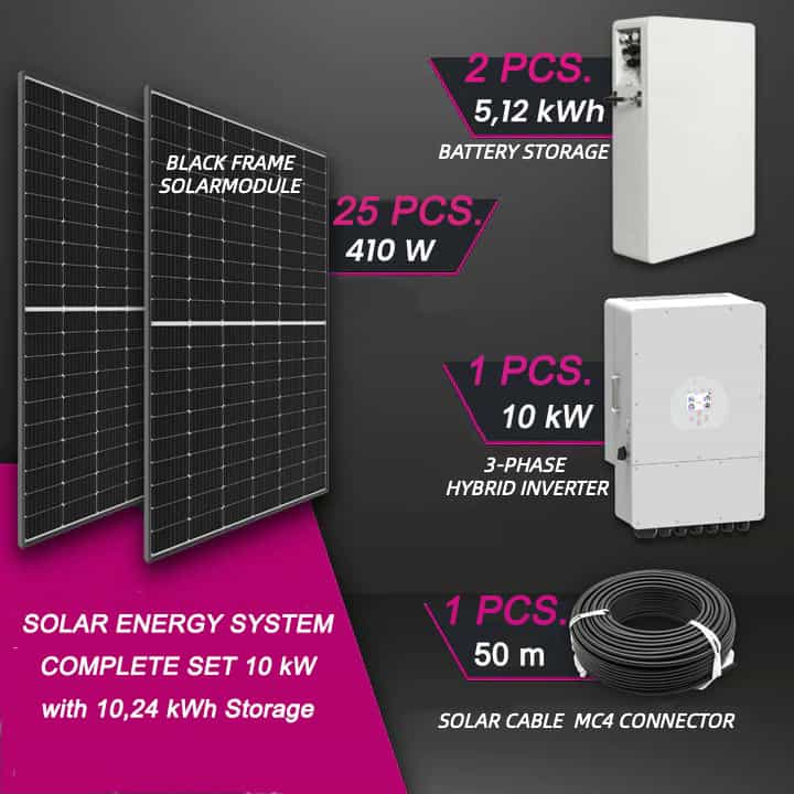 Hybrid 10 kWh Solar Kit, solar energy system, complete set 10kW with 10,24 kWh  battery storage
