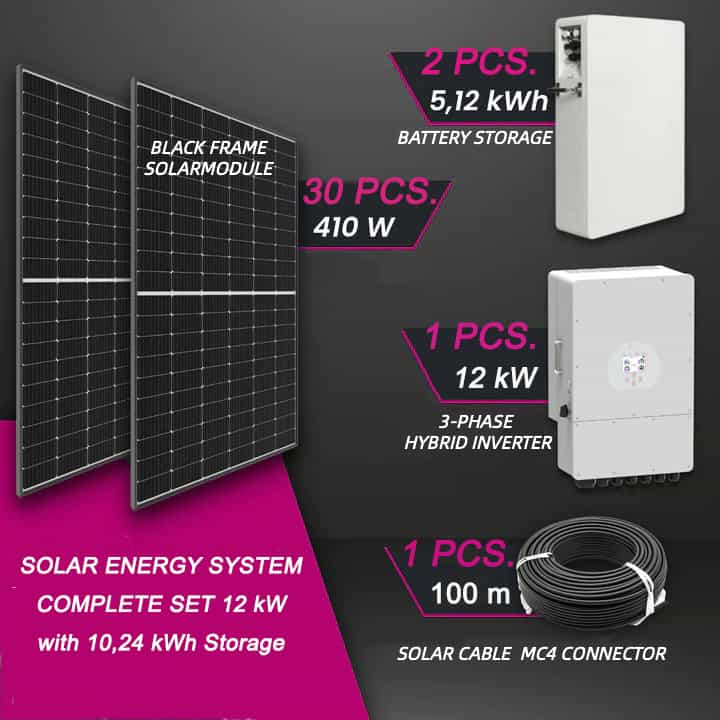 Hybrid 12 kWh Solar Kit, solar energy system, complete set 12kW with 10,24 kWh  battery storage